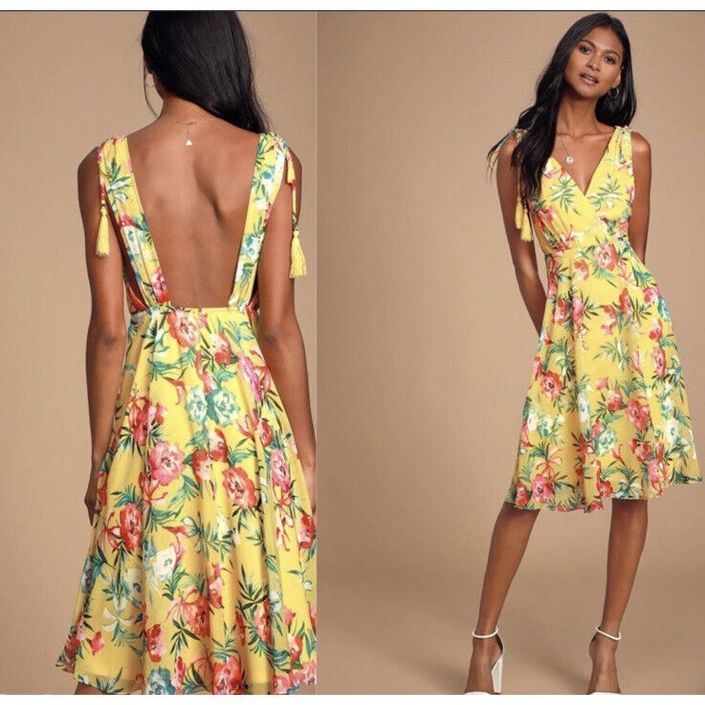 Lulu's Yellow Floral Backless Tie-Shoulder Midi Dress